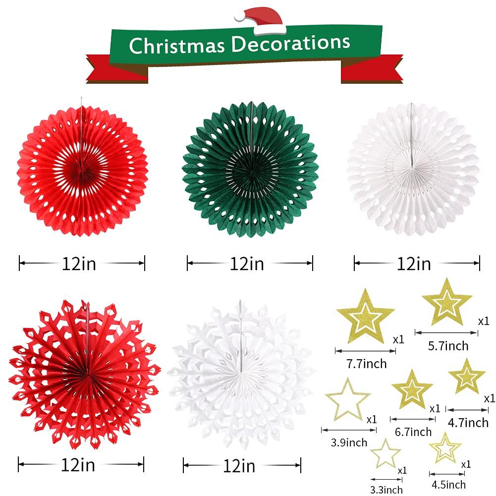 Christmas Party Decorations, Christmas Paper Lanterns Gold Star Pendant Hanging Snowflakes Paper Fan Pom Poms Flowers Honeycomb Ball for Xmas Party Eve Holiday Home Decor