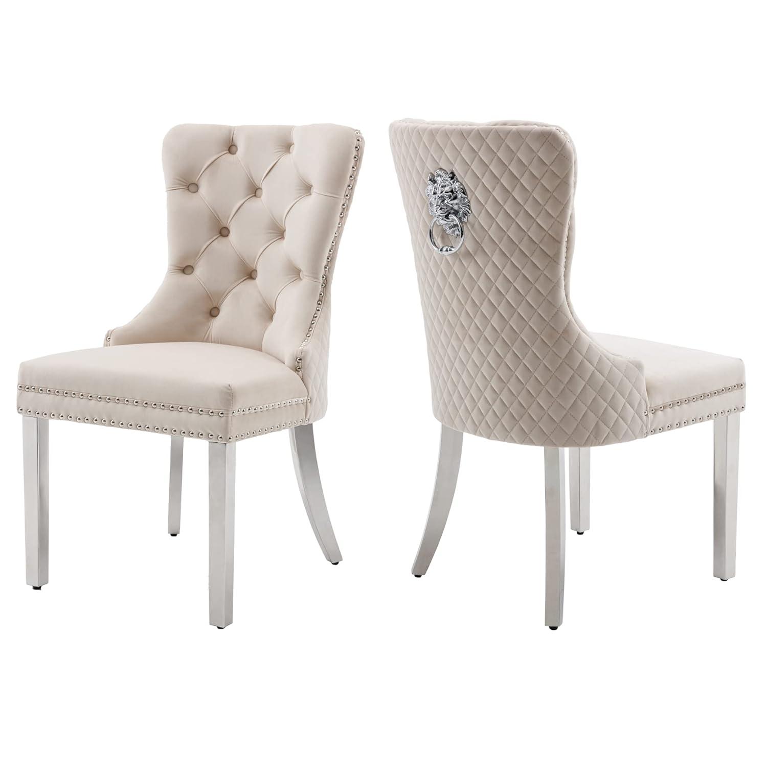 KCC Velvet Dining Chairs Set of 2, Upholstered High-end Tufted Dining Room Chair with Nailhead Back Ring Pull Trim Solid Wood Legs, Nikki Collection Modern Style for Kitchen, Black