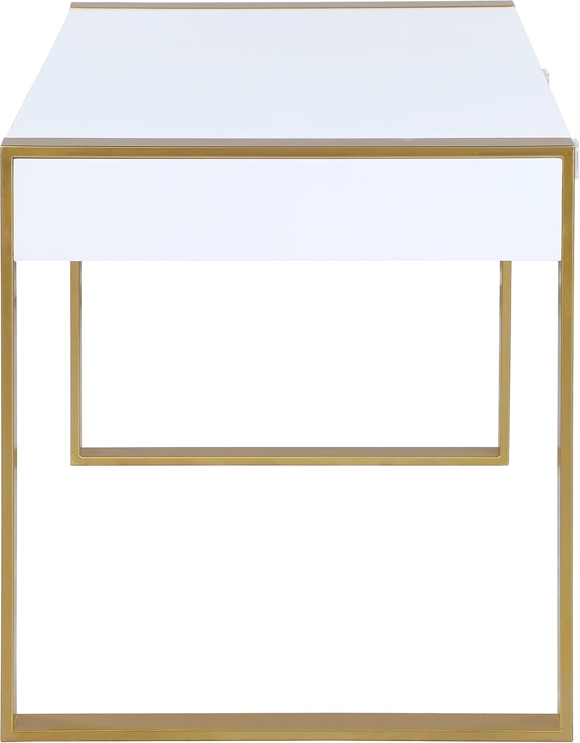Meridian Furniture 427-T Victoria Collection Modern | Contemporary White Lacquer Desk | Console Table with Brushed Gold Base & Acrylic Handles