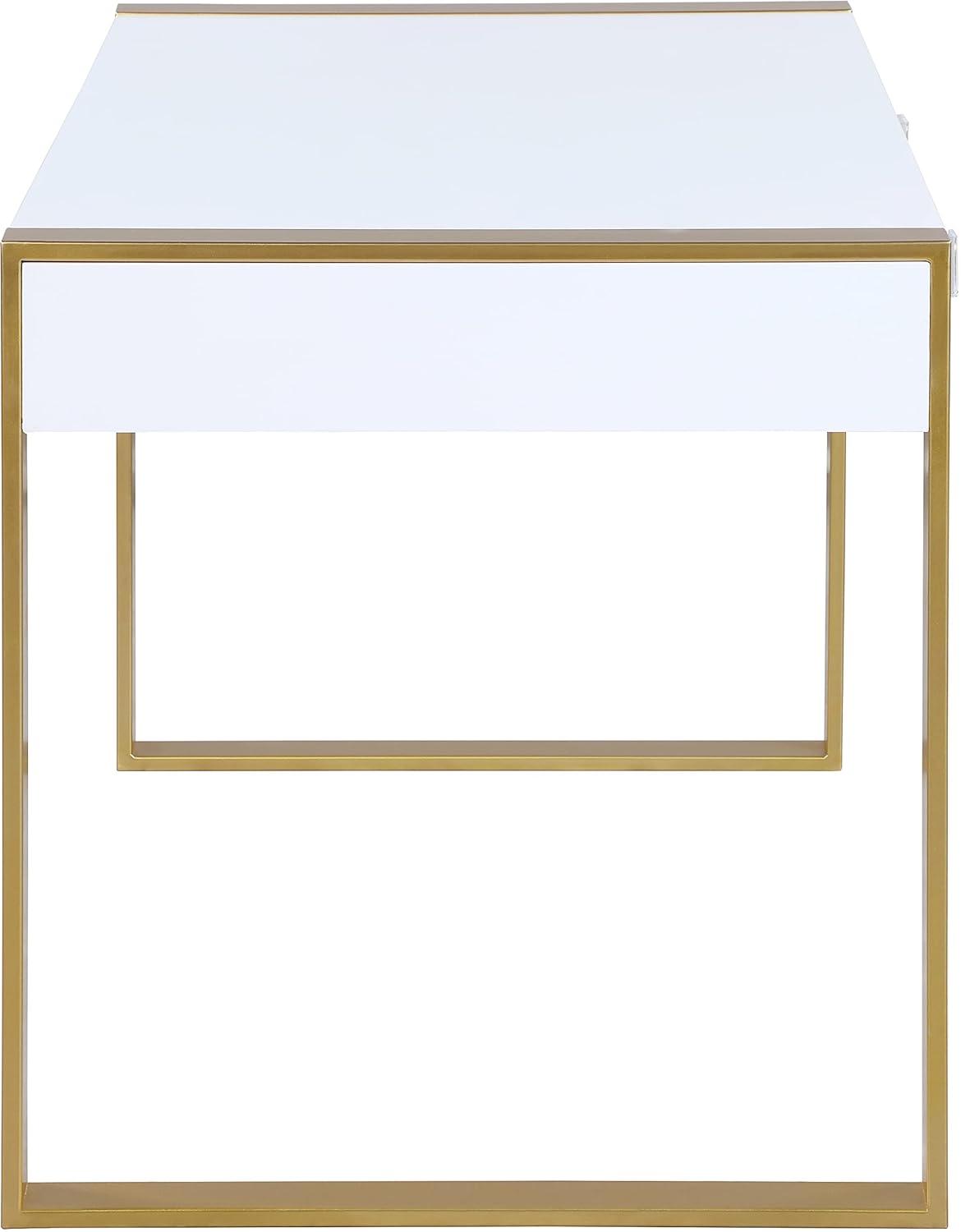 Meridian Furniture 427-T Victoria Collection Modern | Contemporary White Lacquer Desk | Console Table with Brushed Gold Base & Acrylic Handles