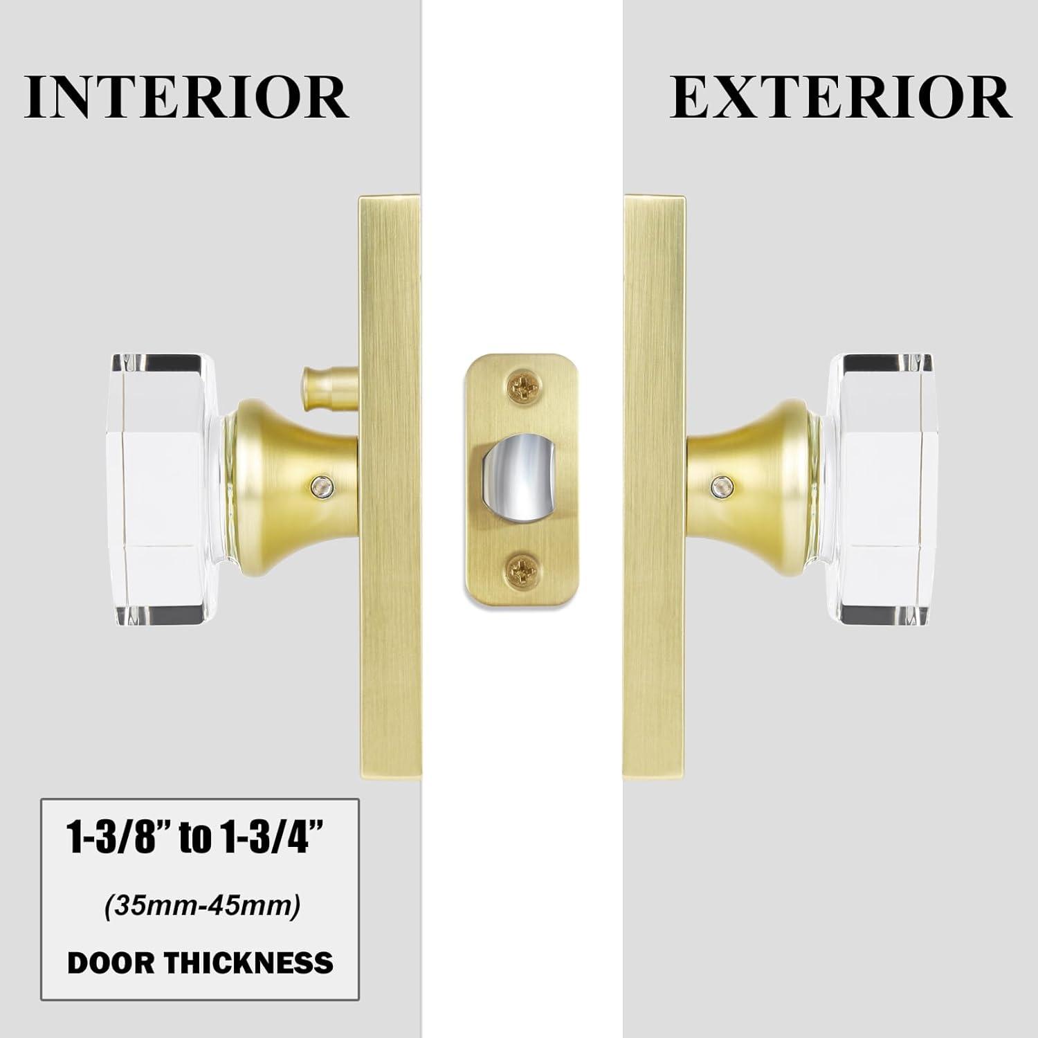 Clear Glass Crystal Door Knobs Interior,Octagon Gold Door Knob,Bathroom Bedroom Privacy Door Knobs with Lock,Satin Brass