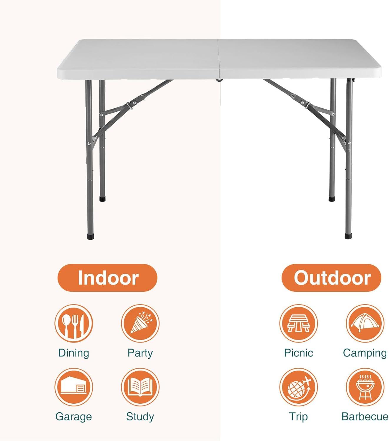 4 ft Portable Folding Table, Idustrial Heavy-Duty Foldable Table, HDPE Plastic Table, with Carrying Handle, Locks, Stright Legs for Indoor & Outdoor Party, Barbeque, Camping, Board Games - White