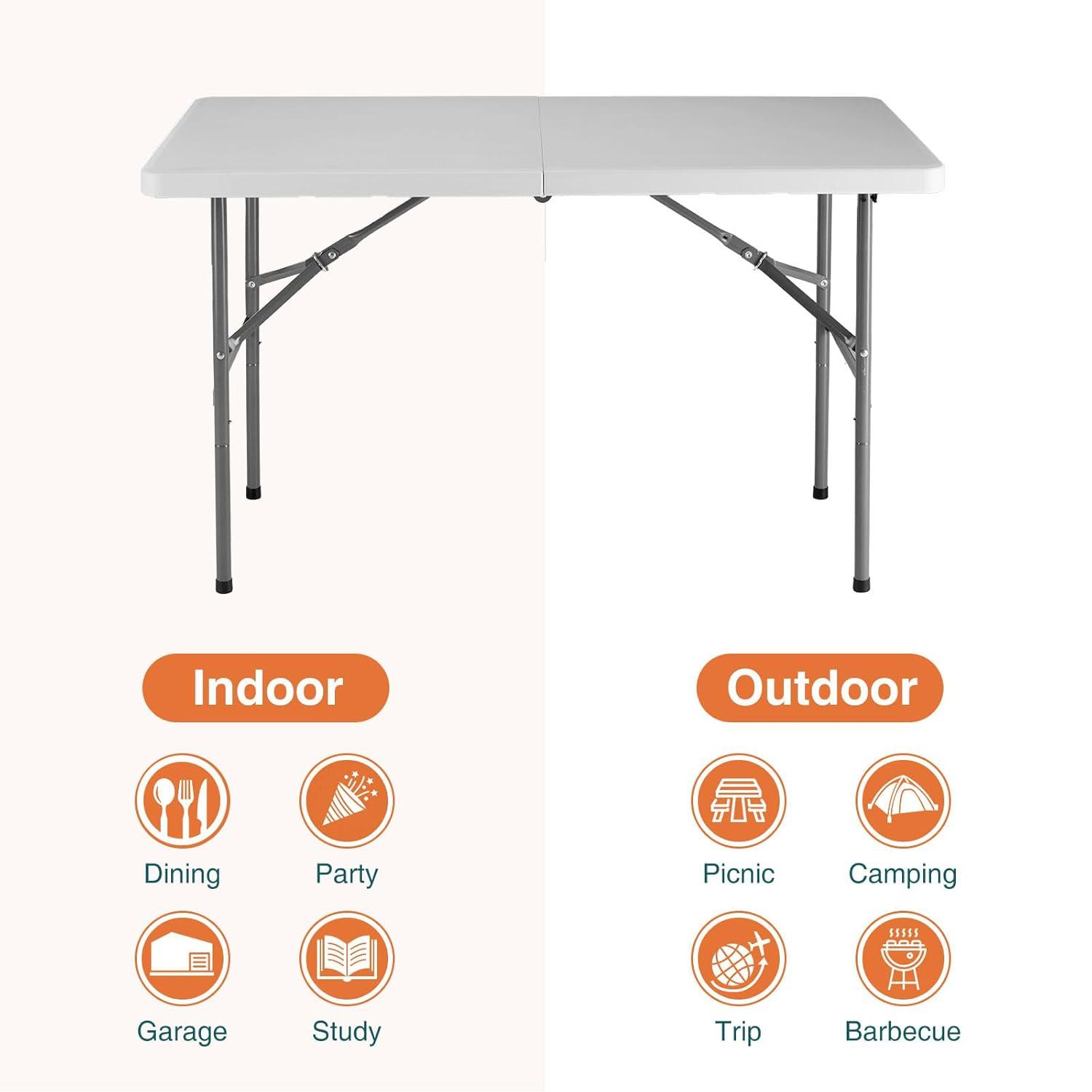 4 ft Portable Folding Table, Idustrial Heavy-Duty Foldable Table, HDPE Plastic Table, with Carrying Handle, Locks, Stright Legs for Indoor & Outdoor Party, Barbeque, Camping, Board Games - White