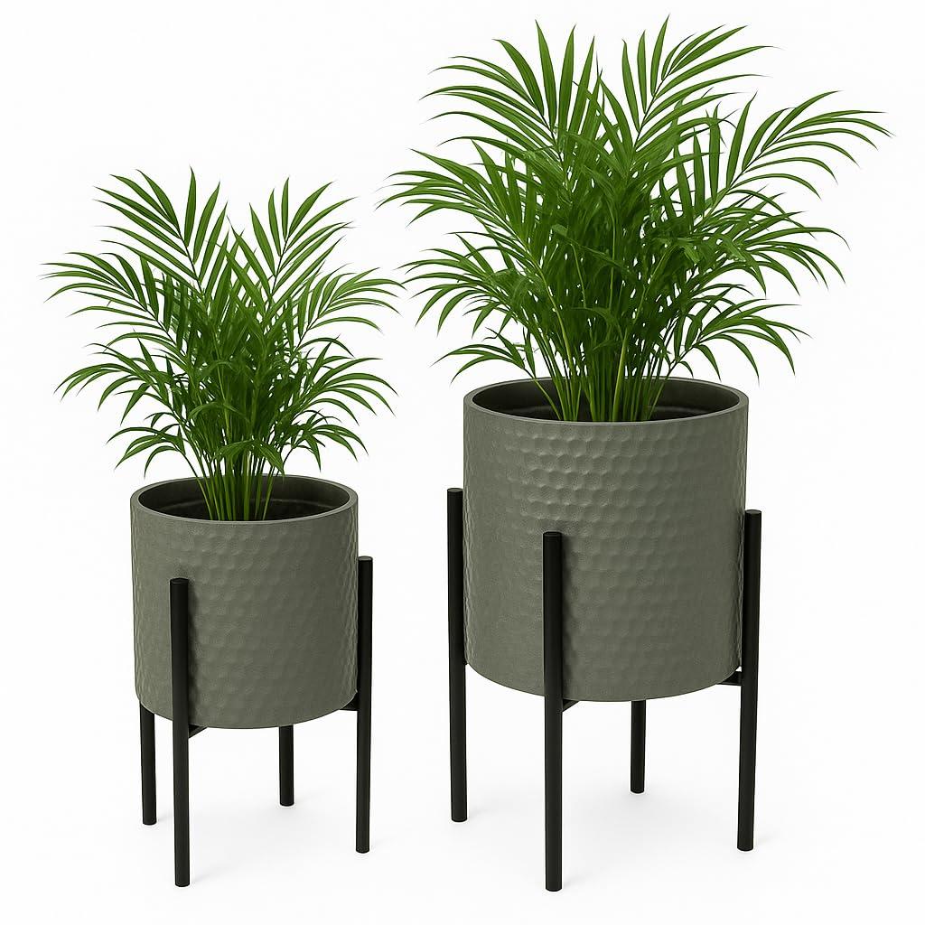 Sagebrook Home Set Of 2 Honeycomb Planter On Metal Stand, Gray/Black, Round, Iron, Contemporary, 23"H, Hexagon