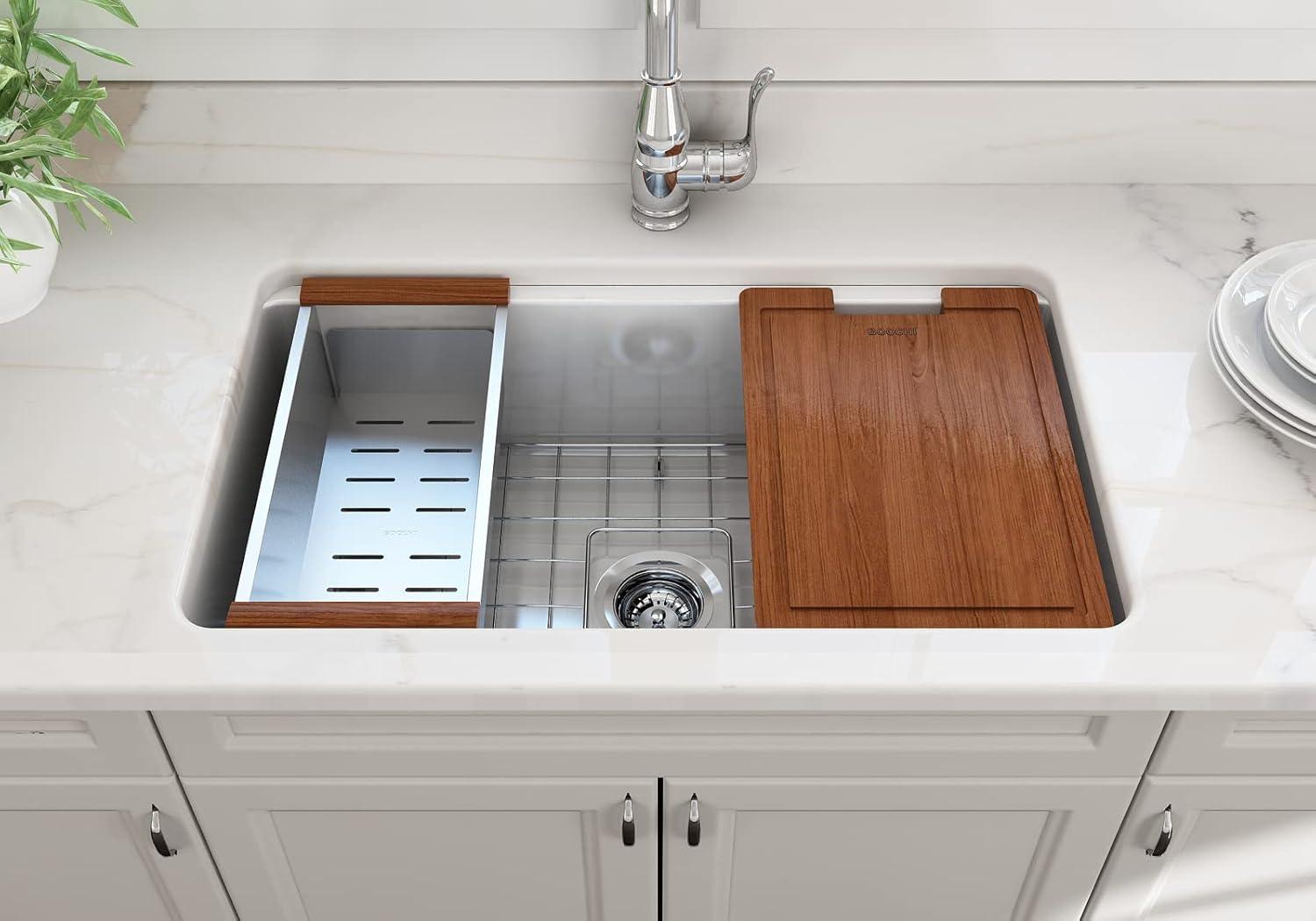 White Fireclay Farmhouse Drop-in Single Bowl Kitchen Sink Kit