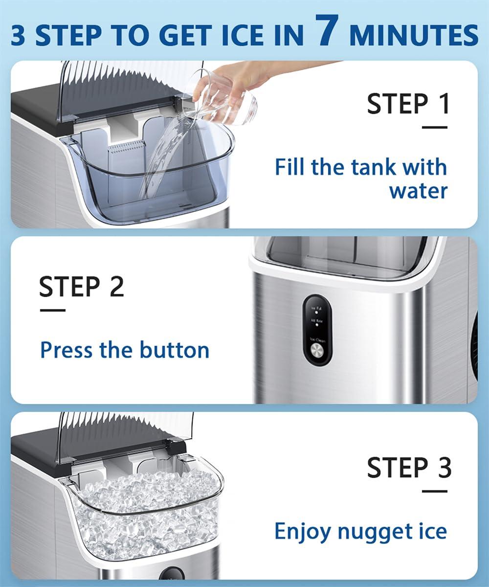 Stainless Steel Portable Countertop Nugget Ice Maker with Self-Cleaning