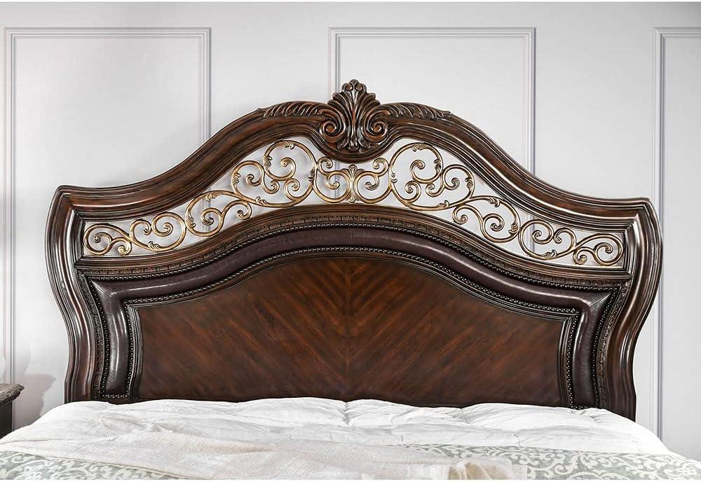 Brown Cherry King Panel Bed with Ornate Headboard