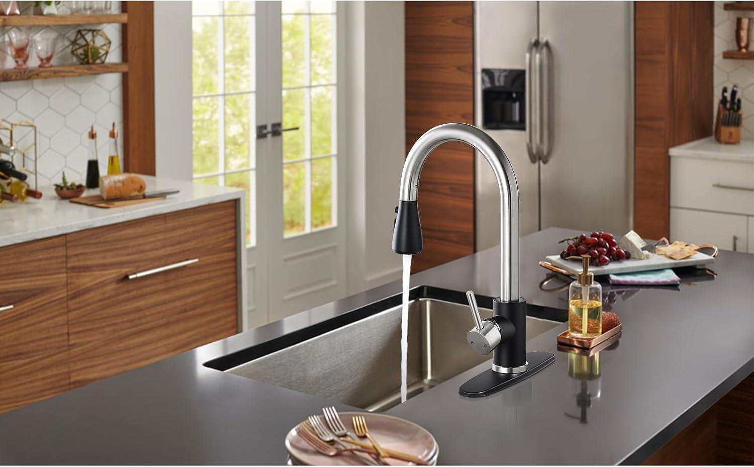 FORIOUS Kitchen Faucets, Brushed Nickel Kitchen Faucet with Pull Down Sprayer, High Arc Single Handle Stainless Steel Sink Faucets 1 or 3 Hole, Kitchen Sink Faucets for Farmhouse Camper Laundry Rv Bar