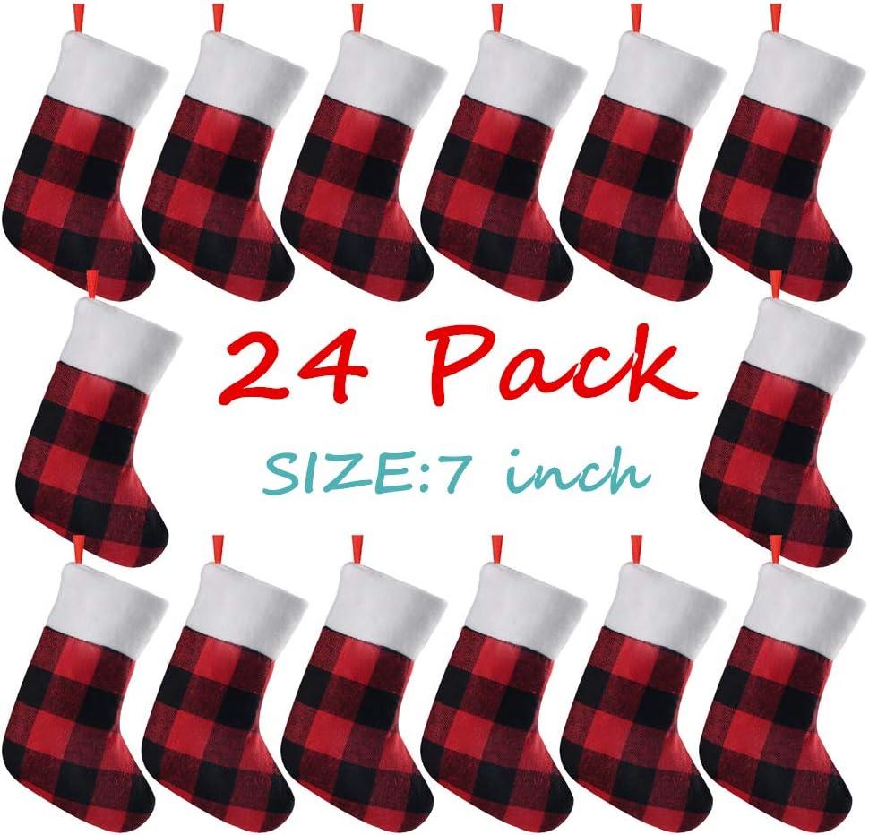 24-Pack 7-Inch Red and Black Buffalo Plaid Mini Christmas Stockings