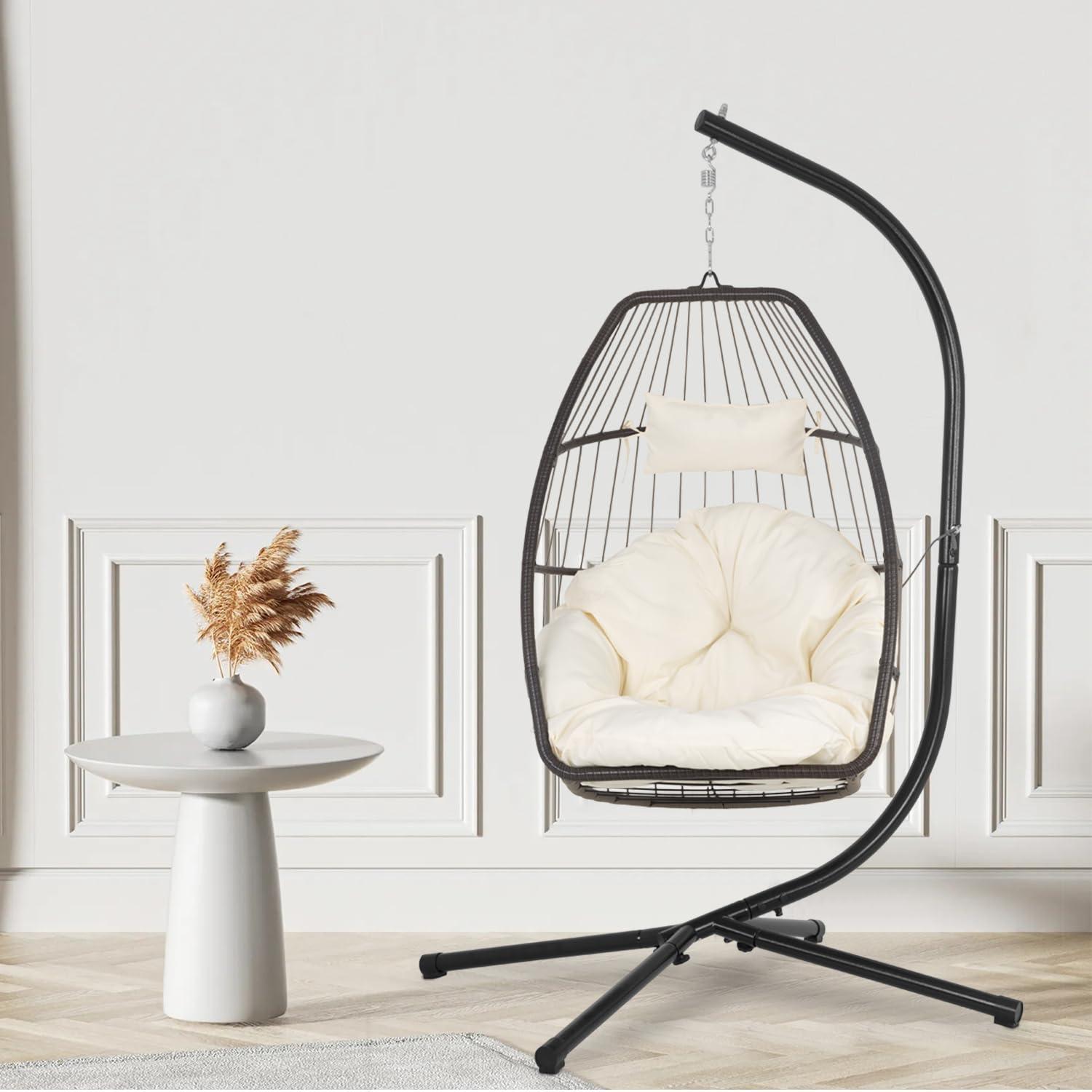 FDW Egg Hanging Chair with Stand Hammock Chair Hanging Patio Swing Chair UV Resistant Cushion for Indoor Bedroom Outdoor Garden Backyard Balcony(Tan)