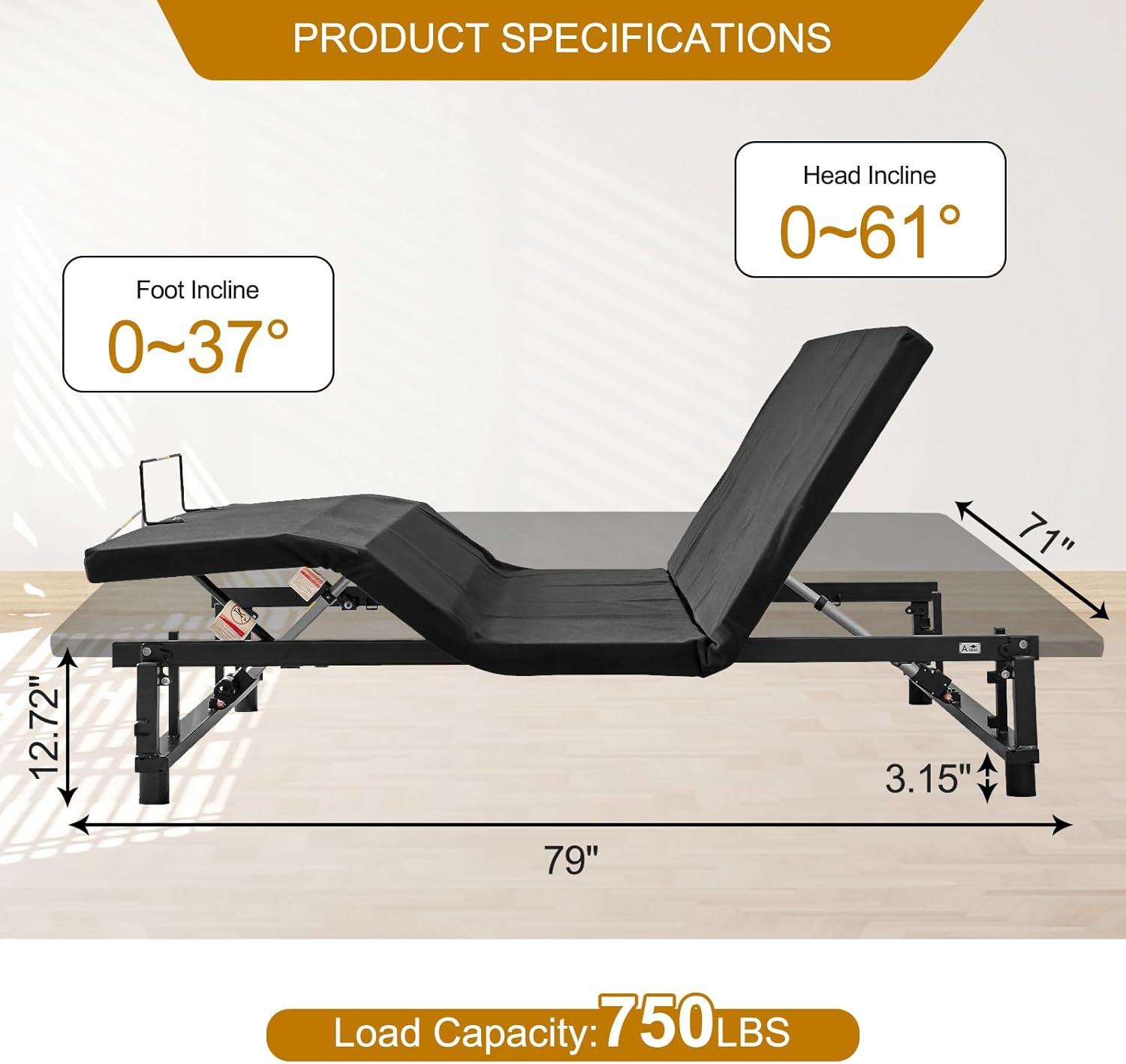 Donext Adjustable Bed Base, King Bed Frame, Independent Head and Foot Incline, Quiet Motor, Wireless Remote Control, Electric Bed Base, Black