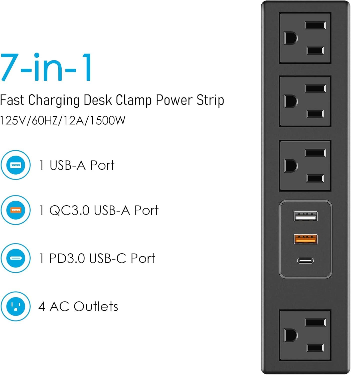 Desktop Clamp Power Strip with USB, Surge Protector Power Charging Station Outlet with 3 Plugs 3 USB A 1 USB C PD 18W Fast Charging, Desk Mount Multi-Outlets for Home Office Garage Workshop