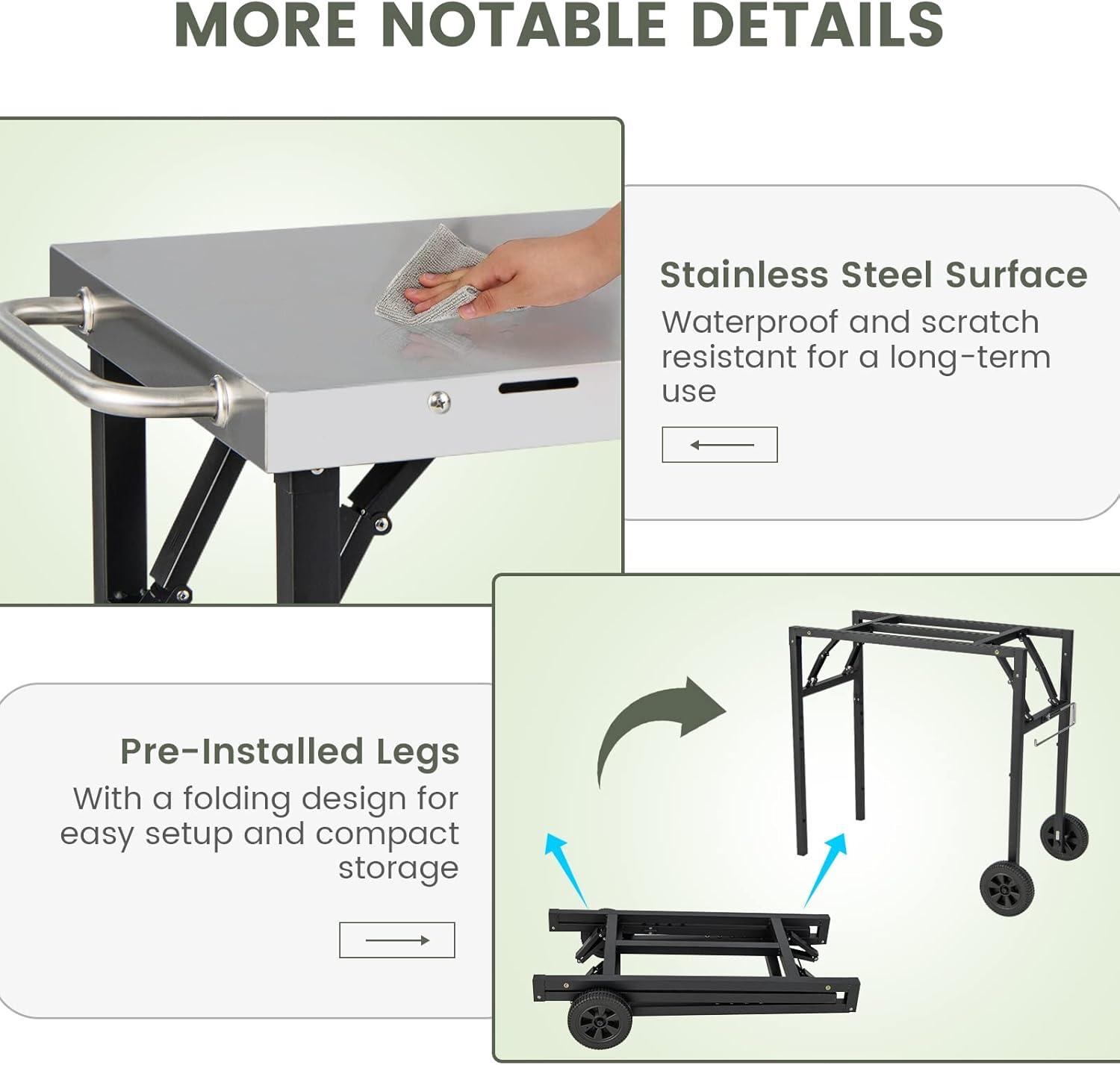 GOFLAME 3-Shelf Outdoor Grill Dining Cart, Movable Food Prep Cart Table with Adjustable Shelf, Stainless Steel Table Top, Kitchen Cart Island Table on 2 Wheels, Heavy Duty BBQ Flattop Worktable