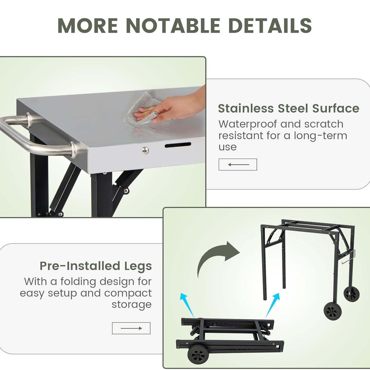 GOFLAME 3-Shelf Outdoor Grill Dining Cart, Movable Food Prep Cart Table with Adjustable Shelf, Stainless Steel Table Top, Kitchen Cart Island Table on 2 Wheels, Heavy Duty BBQ Flattop Worktable