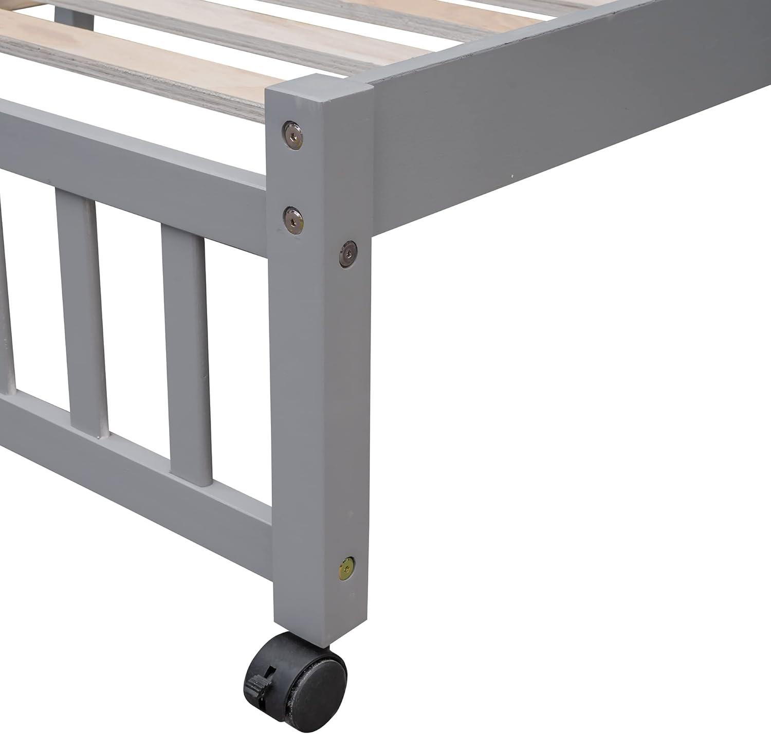 Harper & Bright Designs Twin Over Full Bunk Bed with Storage, Solid Wood Bunk Bed with 6 Drawers and 3 Flexible Shelves, Movable Bottom Bed with Wheels, for Kids Teens Adults (Gray)