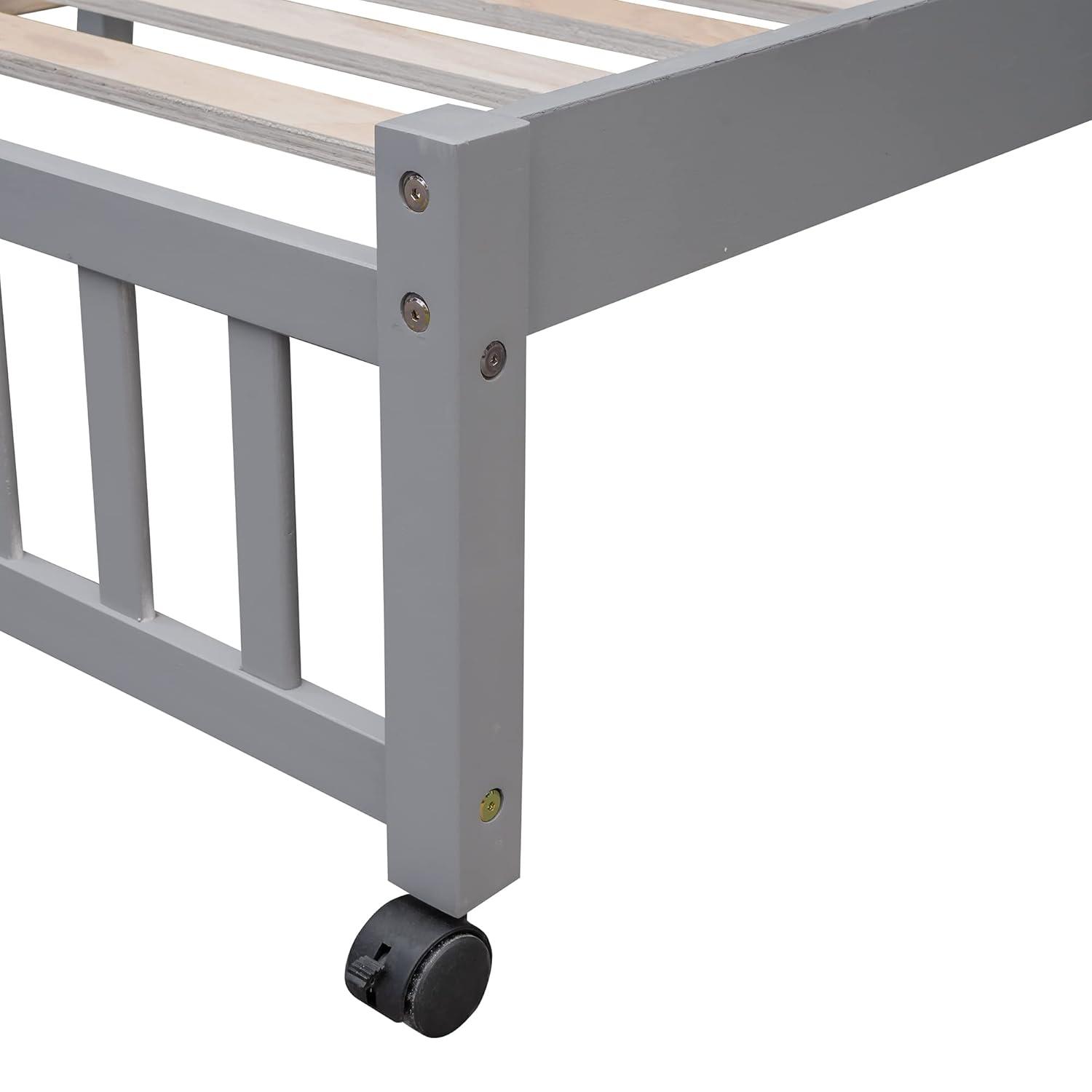 Harper & Bright Designs Twin Over Full Bunk Bed with Storage, Solid Wood Bunk Bed with 6 Drawers and 3 Flexible Shelves, Movable Bottom Bed with Wheels, for Kids Teens Adults (Gray)