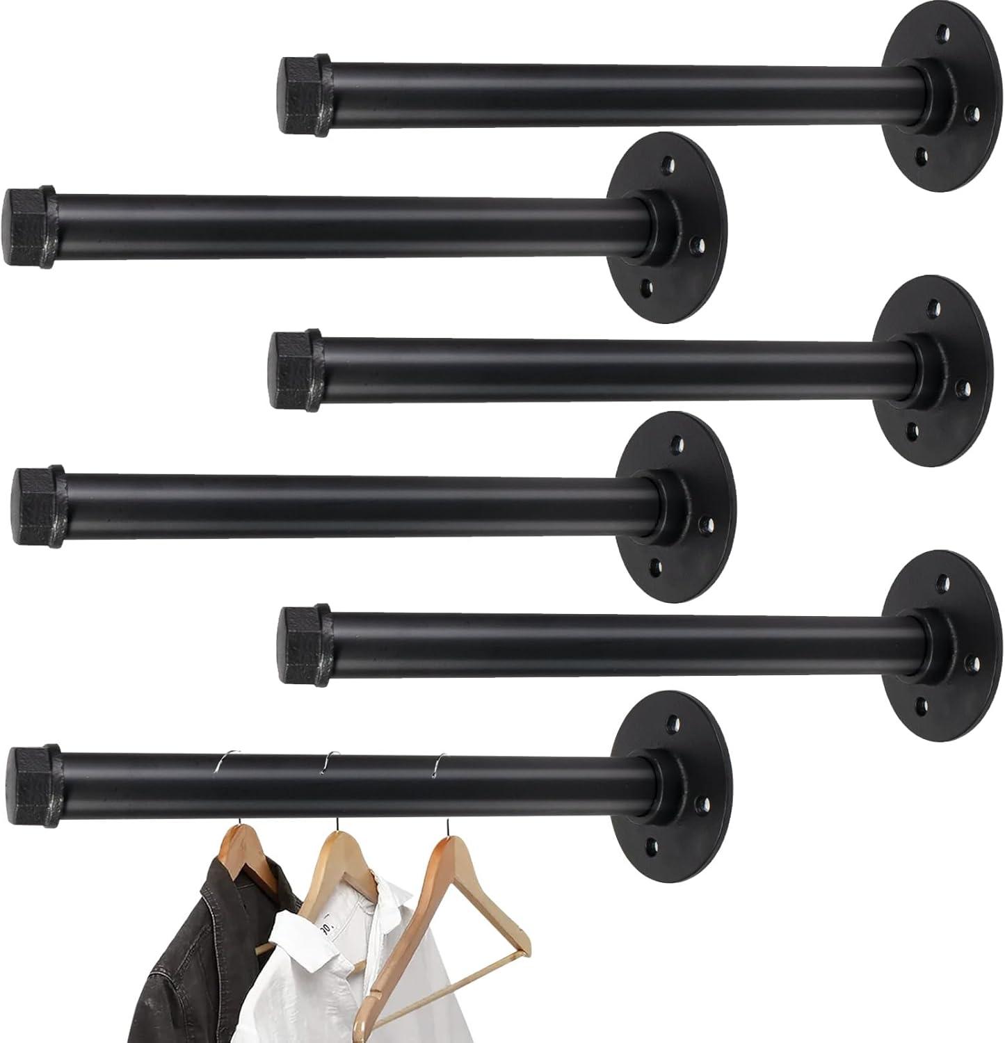 10 Inch Black Industrial Pipe Wall Mounted Clothing Rack, 6 Pack