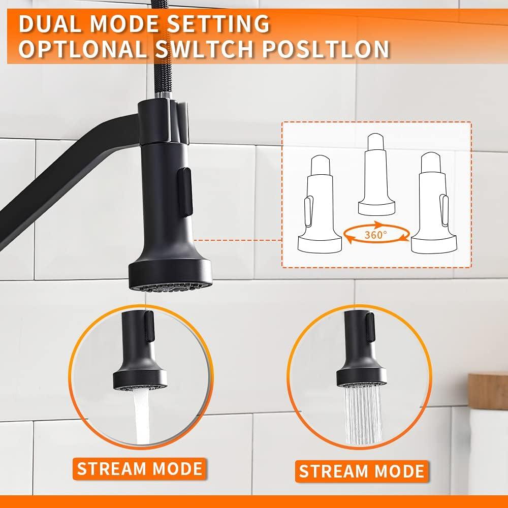 Wilmall Kitchen Faucet with Pull Down Sprayer & Deck Plate, Stainless Steel Commercial Single-Handle Spring Sink Faucet for Laundry, RV, Wet Bar, Farmhouse - Matte Black