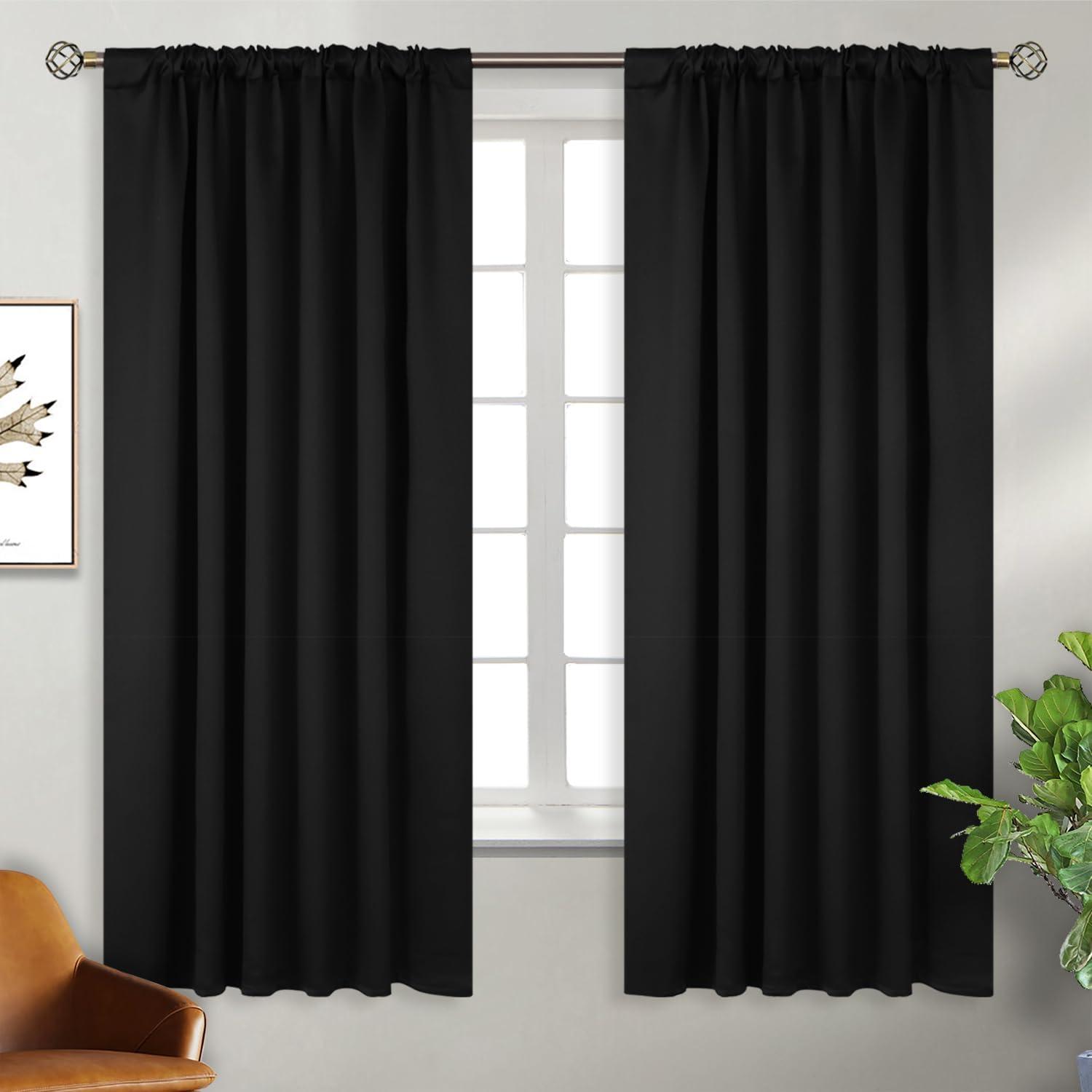 Coodeto Short Blackout Curtains Black, Set of 2, W52 x L63 - Blackout Curtains for Kitchen and Kids Bedroom