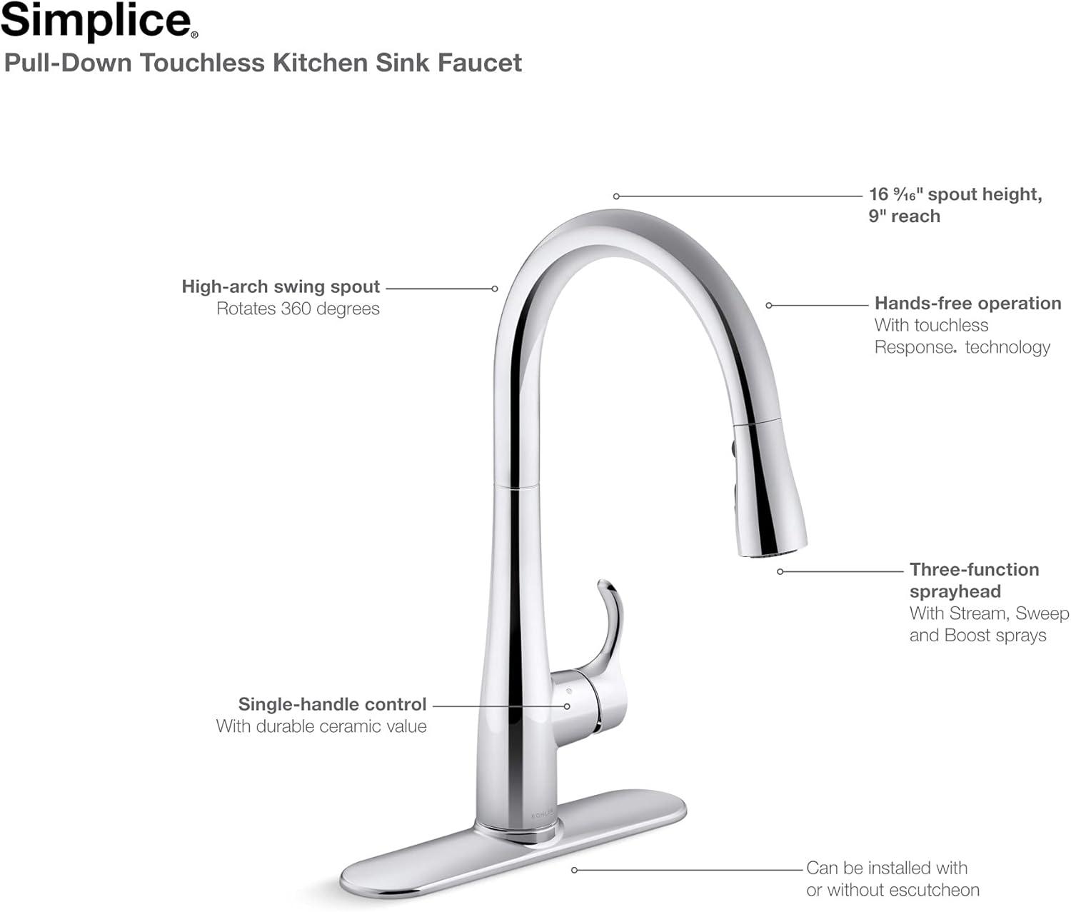 Simplice Touchless Pull-Down Kitchen Sink Faucet with Three-Function Sprayhead