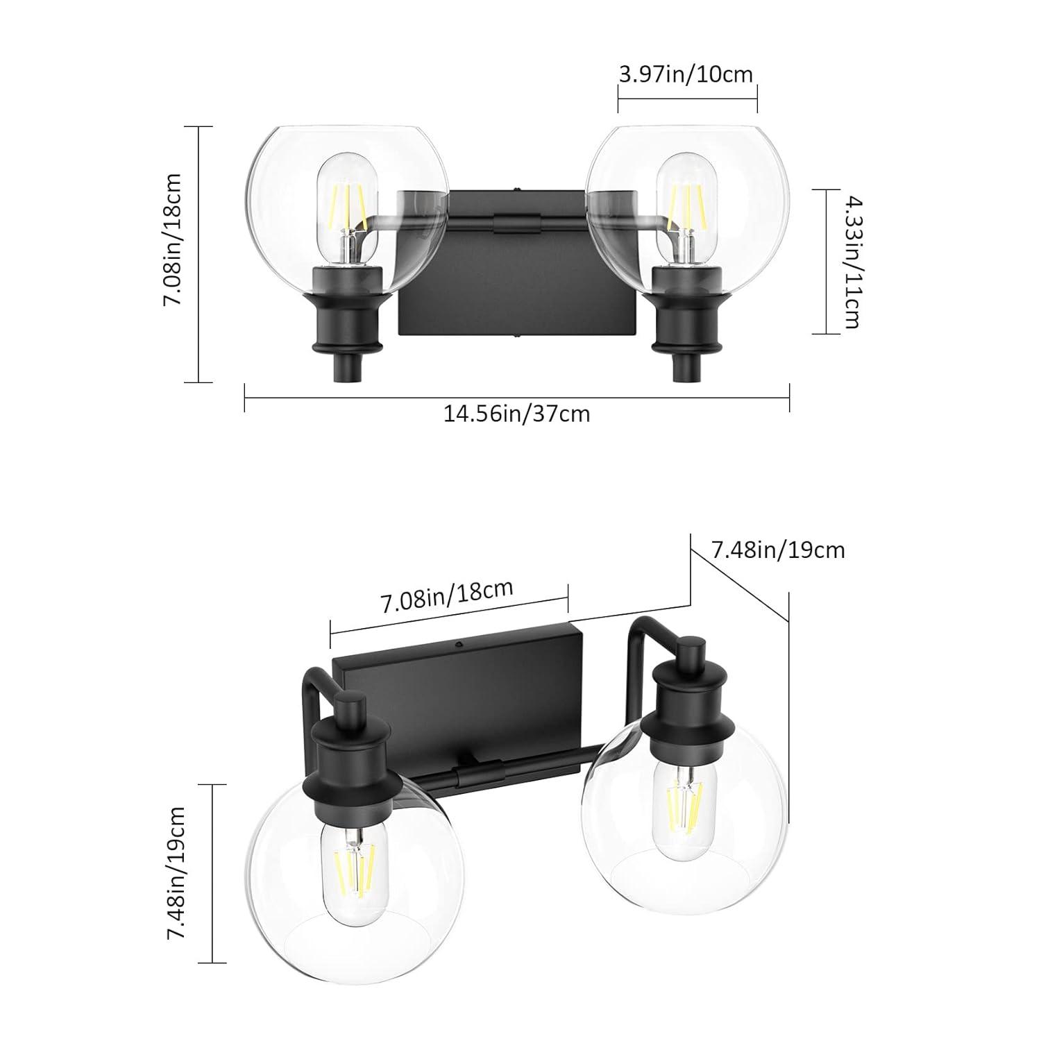 Tipace 2 Lights Industrial Bathroom Vanity Light Fixtures Over Mirror Black Vintage Vanity Lights with Globe Clear Glass Farmhouse Wall Sconces Fixture(Exclude Bulb)
