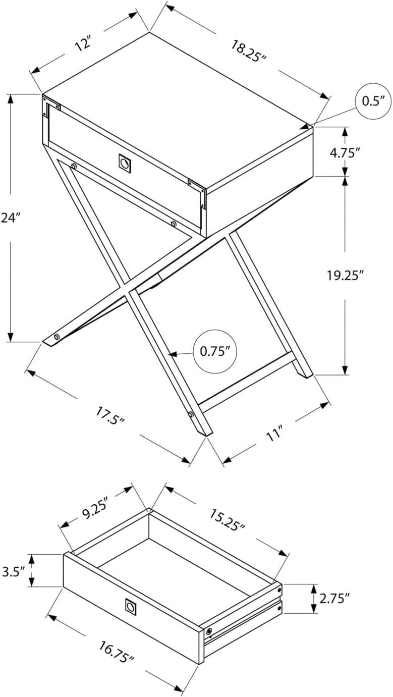 Monarch Specialties Accent Table Side End Nightstand Lamp Storage Drawer Living Room Bedroom Metal Laminate Grey Black Contemporary Modern