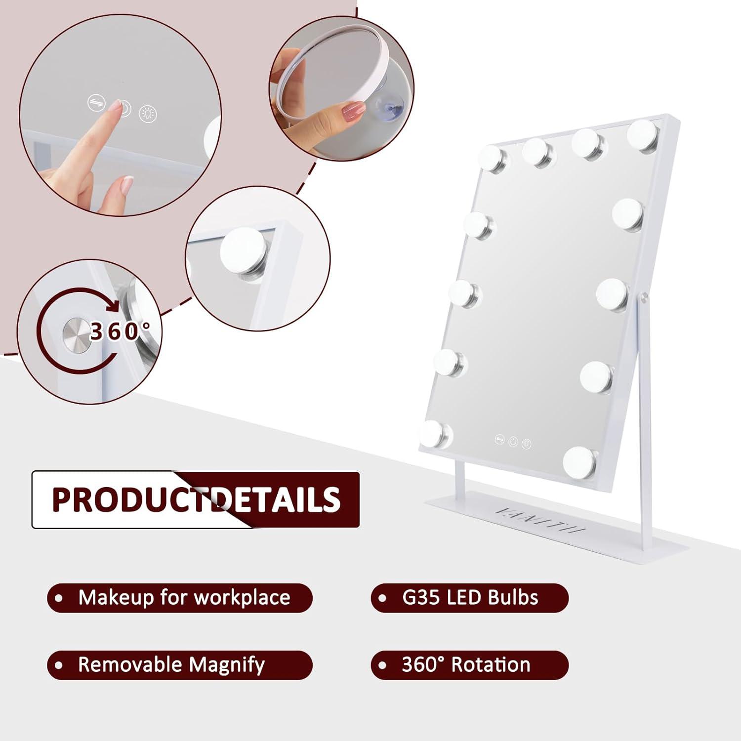 VANITII LLC VANITII Hollywood Vanity Makeup Mirror With 12 LED Bulbs Wireless Charge White Bluetooth 10X Magnifying Glass Smart Control