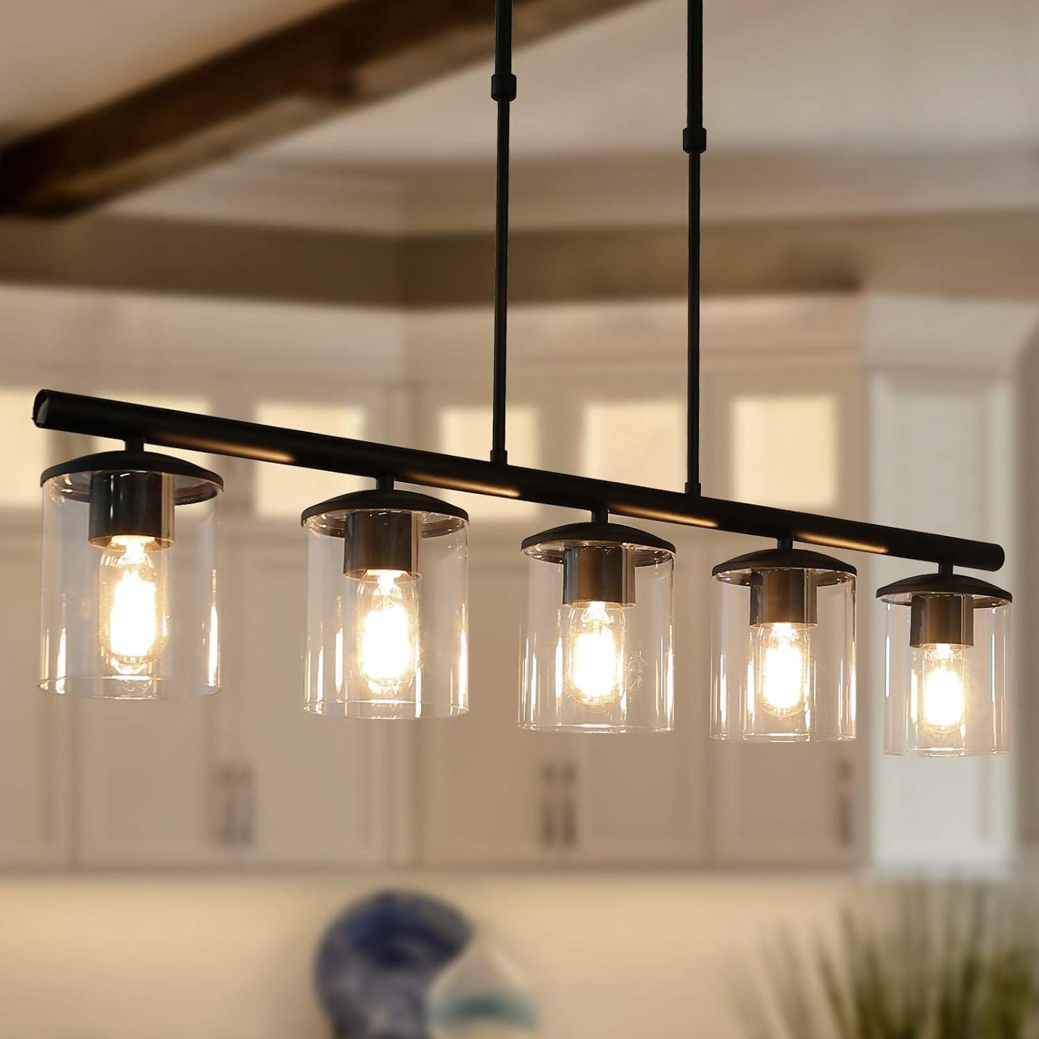 Black Farmhouse Linear Chandelier with Glass Shades, 37"