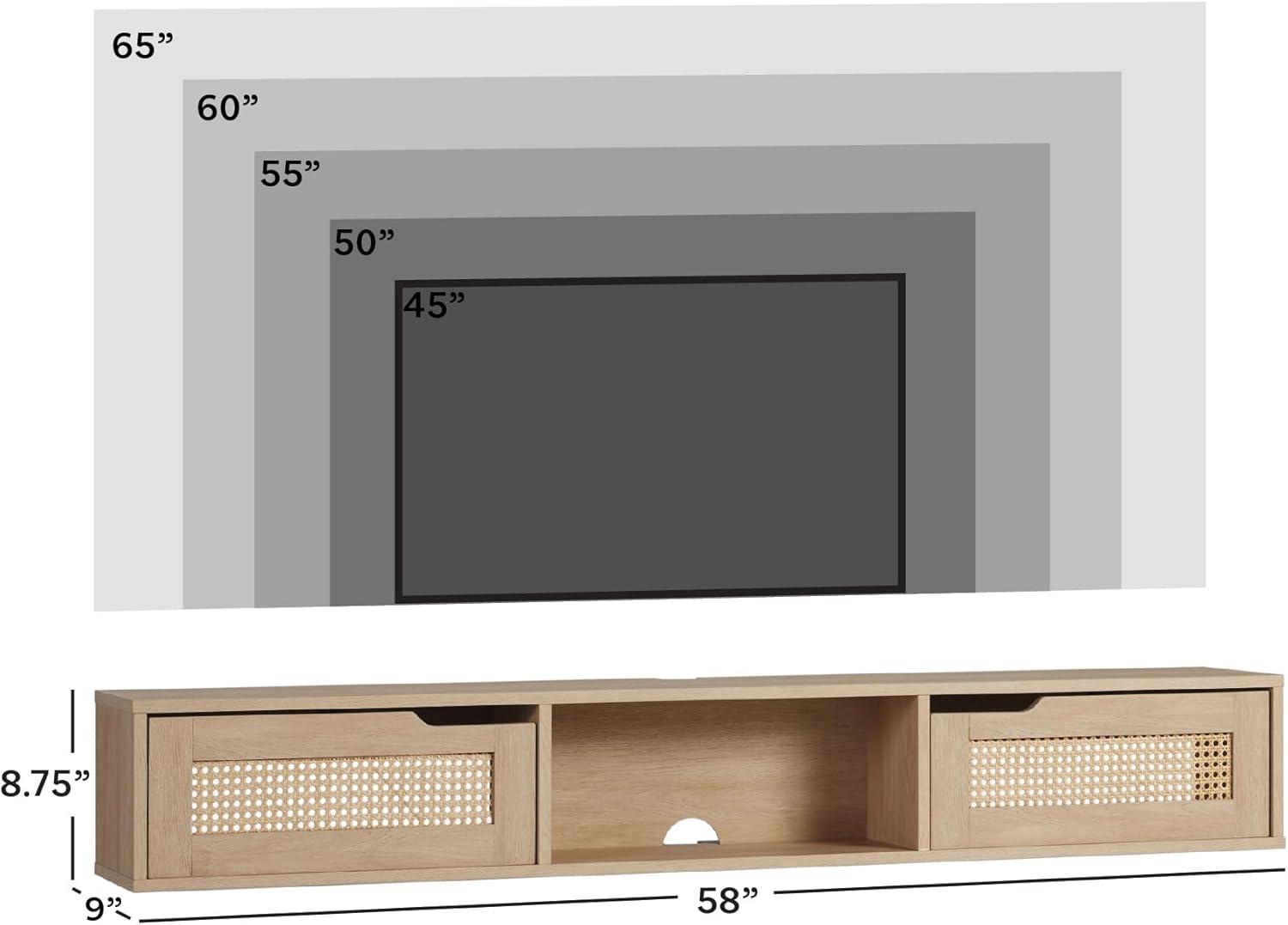 Walker Edison Modern Floating Rattan-Door TV Stand for TVs up to 65”, Coastal Oak
