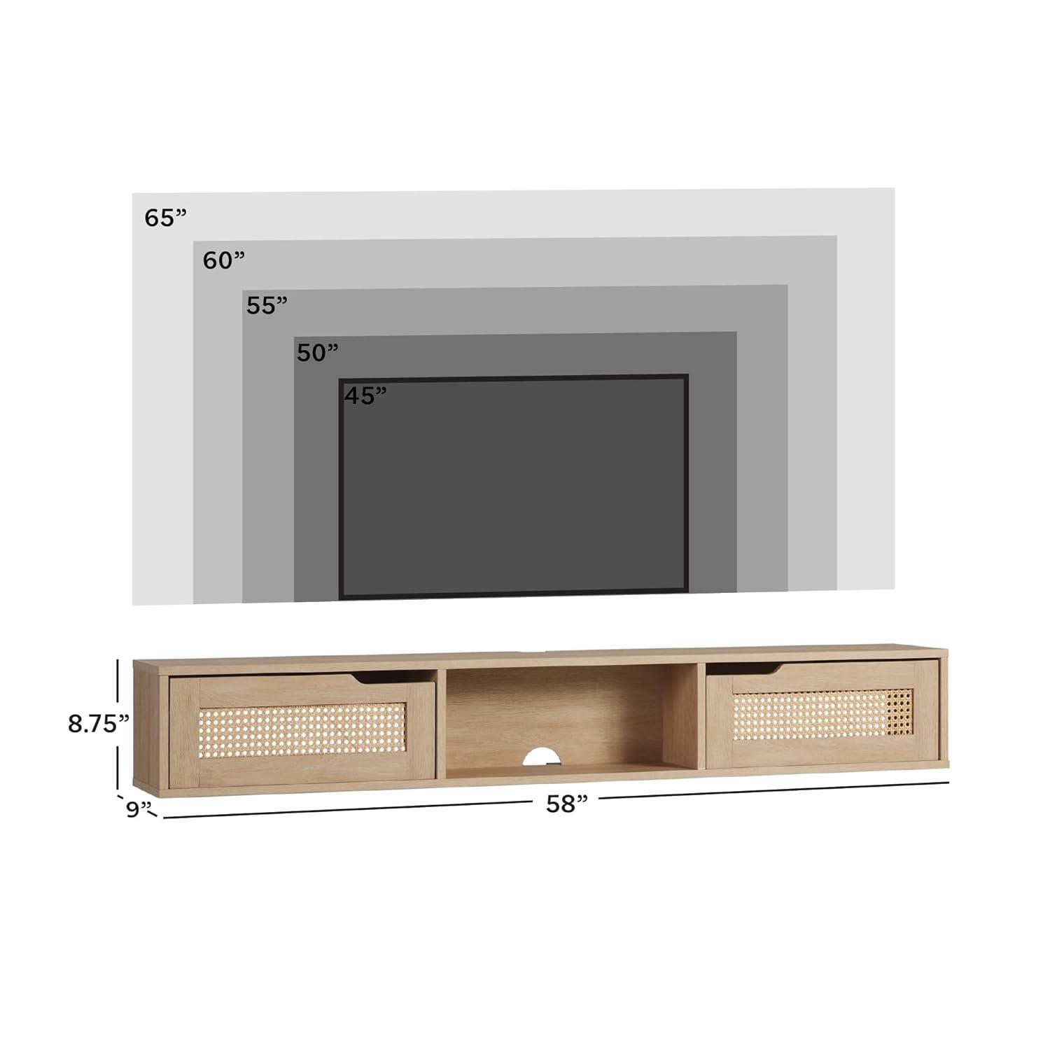 Walker Edison Modern Floating Rattan-Door TV Stand for TVs up to 65”, Coastal Oak