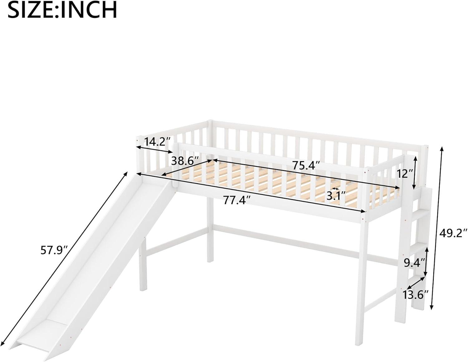 Twin Loft Bed with Slide,Wood Loft Bed Low Profile for Boys Girls, Built-in Ladder and Guard Rail,No Box Spring Needed