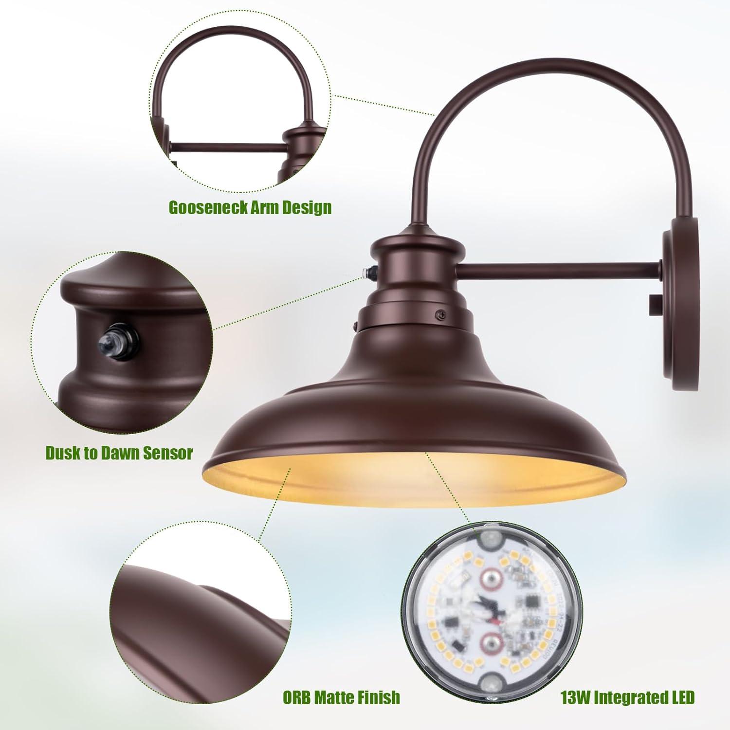 VIANIS Dusk to Dawn Barn Lights, 2 Pack Brown Gooseneck Outdoor Light Fixture, Farmhouse Outdoor Wall Lights for House, Porch, Entryway, Garage