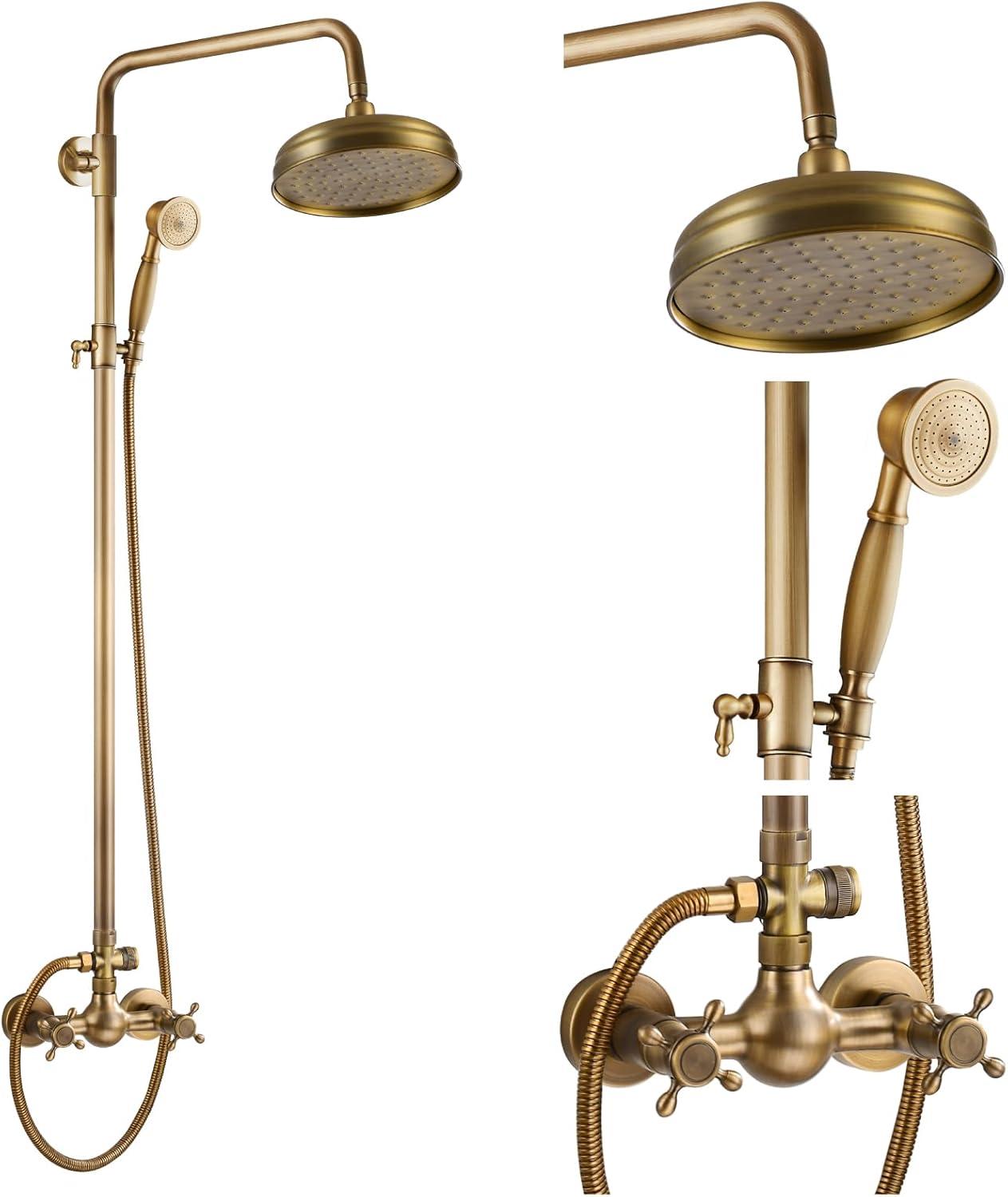 Antique Brass Adjustable Height Rainfall Shower System with Handheld Sprayer