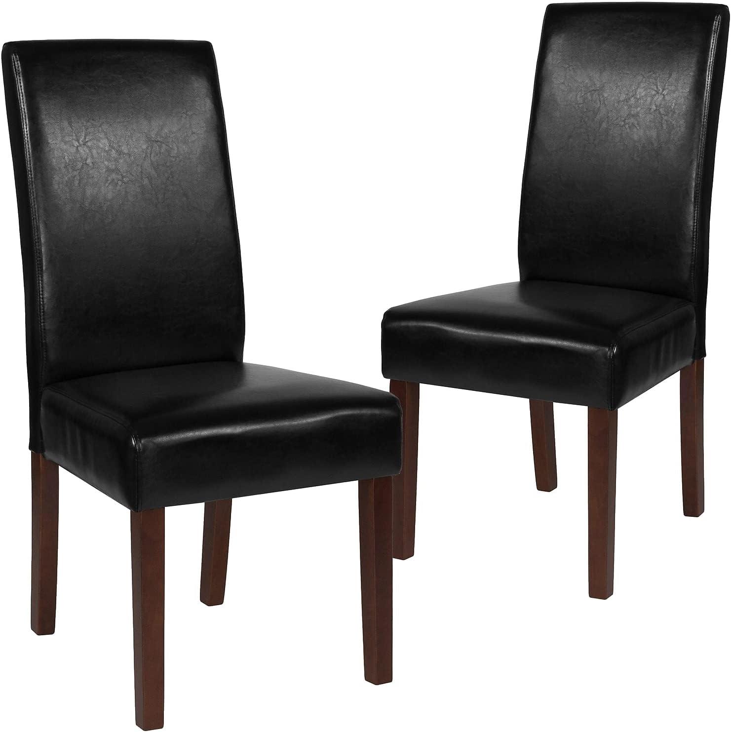 Transitional Black LeatherSoft Parsons Side Chair with Mahogany Legs