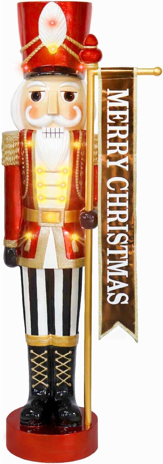 Fraser Hill Farm 4-Ft. Metallic Nutcracker Holding Banner Statue with LED Lights