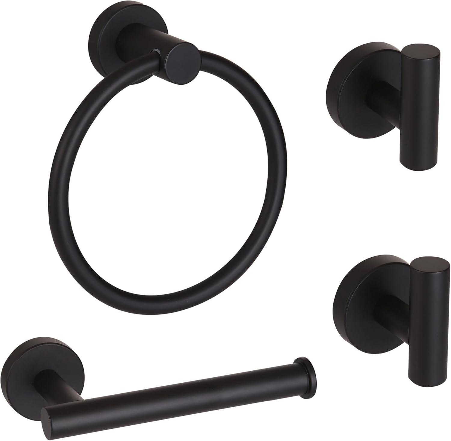 4 Piece Matte Black Stainless Steel Bathroom Hardware Set Include Hand Towel Ring, Toilet Paper Holder,and 2 Robe Towel Hooks,Bathroom Accessories Kit