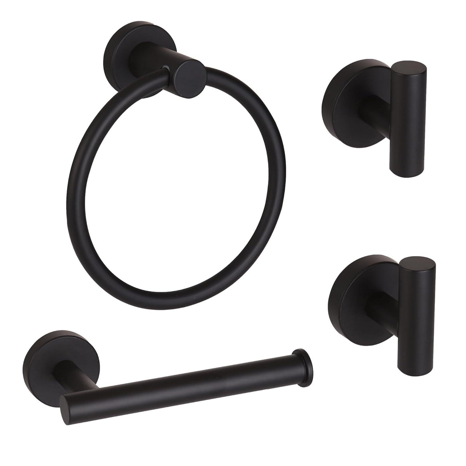 4 Piece Matte Black Stainless Steel Bathroom Hardware Set Include Hand Towel Ring, Toilet Paper Holder,and 2 Robe Towel Hooks,Bathroom Accessories Kit