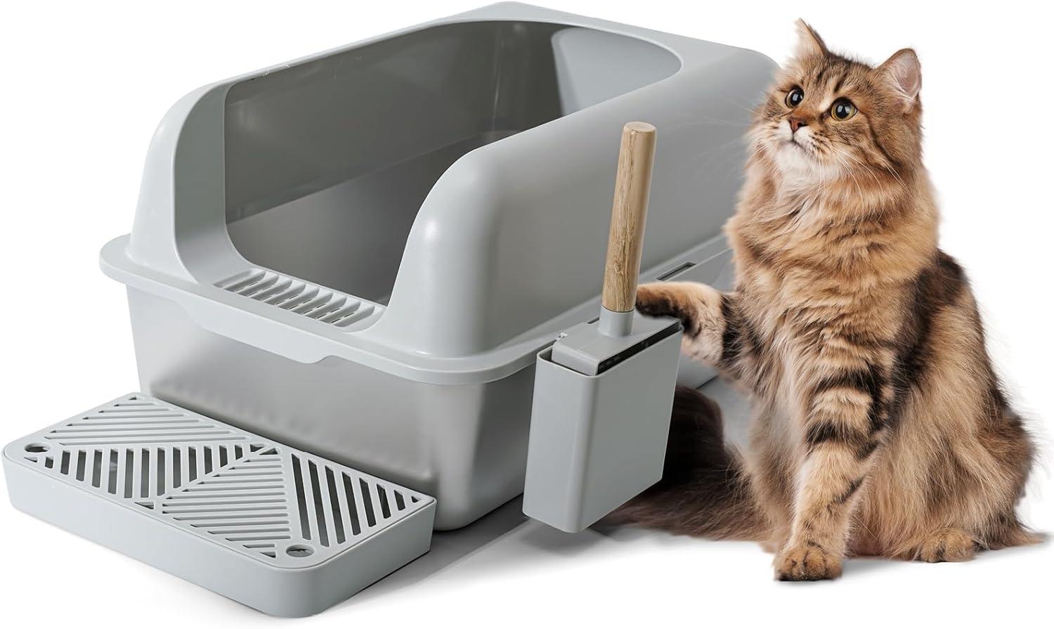 Enclosed Stainless Steel Cat Litter Box with Lid Extra Large Litter Box for Big Cats XL Metal Litter Pan Tray with High Wall Sides Enclosure, Non-Sticky, Anti-Leakage, Easy Cleaning