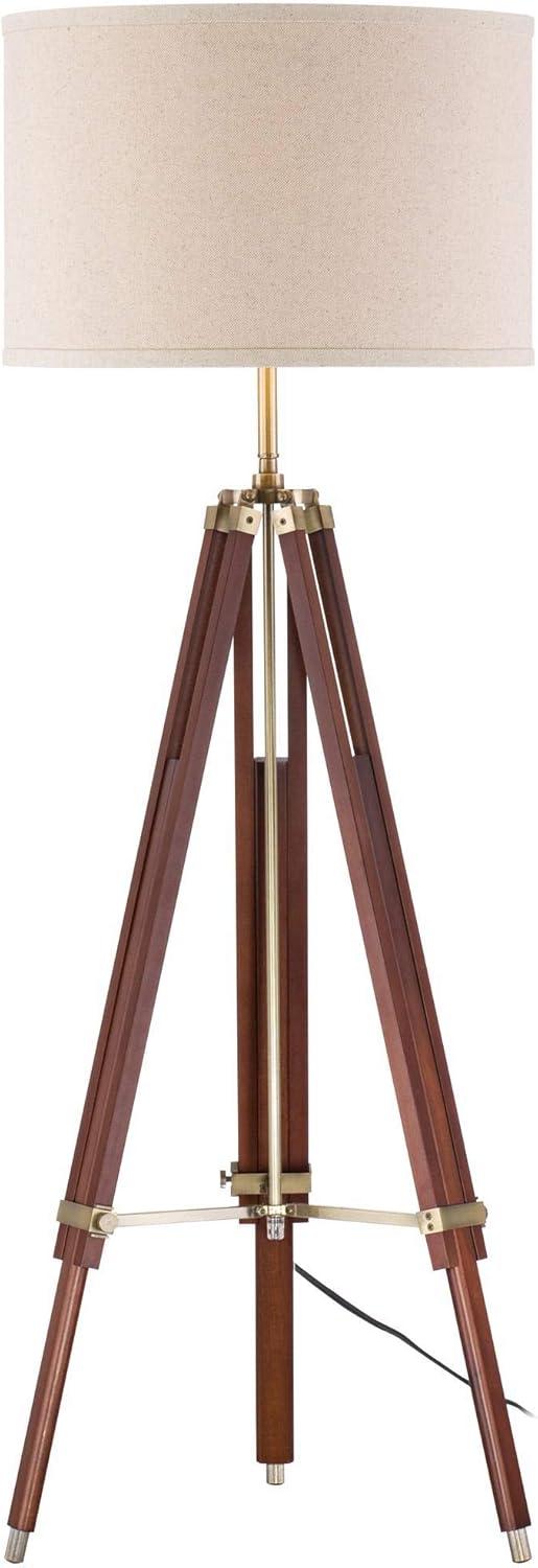 Possini Euro Design Surveyor Modern Tripod Floor Lamp 57 1/2" Tall Cherry Wood Adjustable Beige Linen Drum Shade for Living Room Bedroom Office House