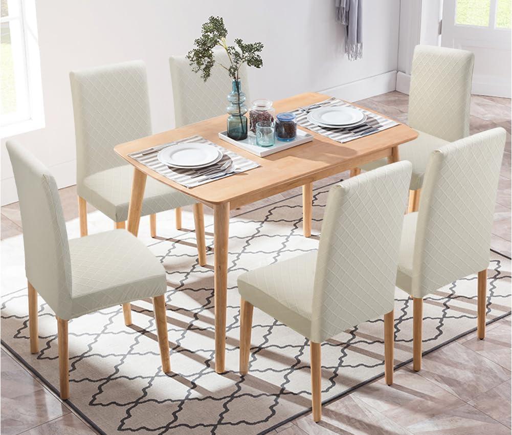 Beige Stretch Jacquard Dining Chair Covers, Set of 4