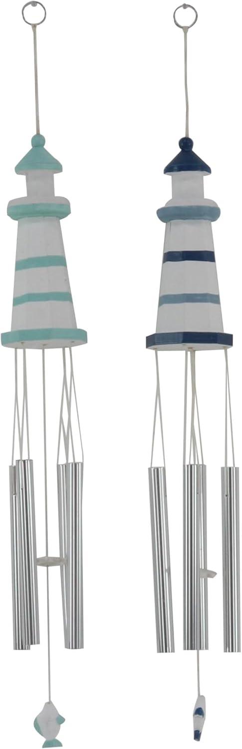 White and Blue Coastal Lighthouse Wood Wind Chimes Set