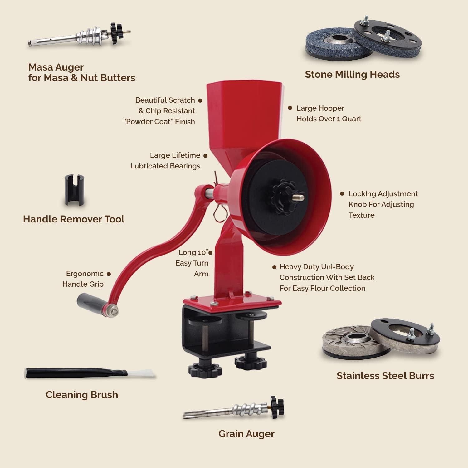 WONDERMILL Manual Hand Crank Grain Mill-Corn, flour mill grinder for home kitchen-Aircraft Aluminum. For Dry and Oily Grains - High Hopper, Spice, Wheat Stone Mill (Red).