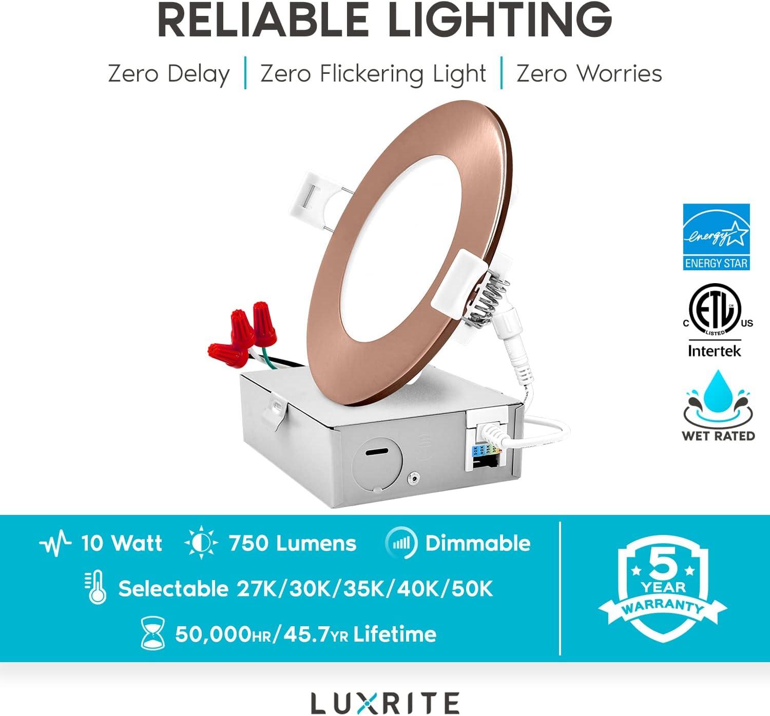 Luxrite 4'' Copper Trim Ultra Thin LED Recessed Light, 5 Color Temp Options