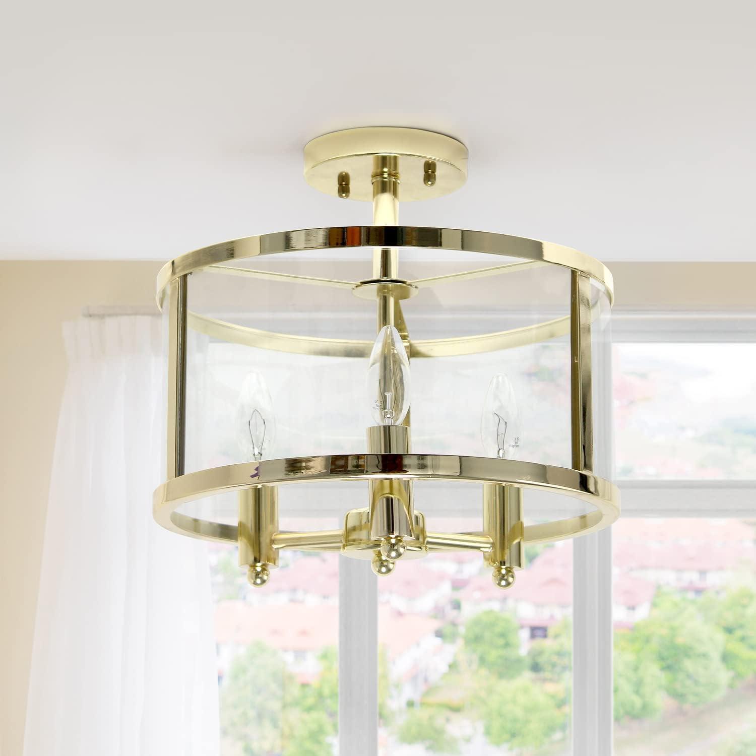 Gold and Glass 13" 3-Light Farmhouse Semi Flush Mount