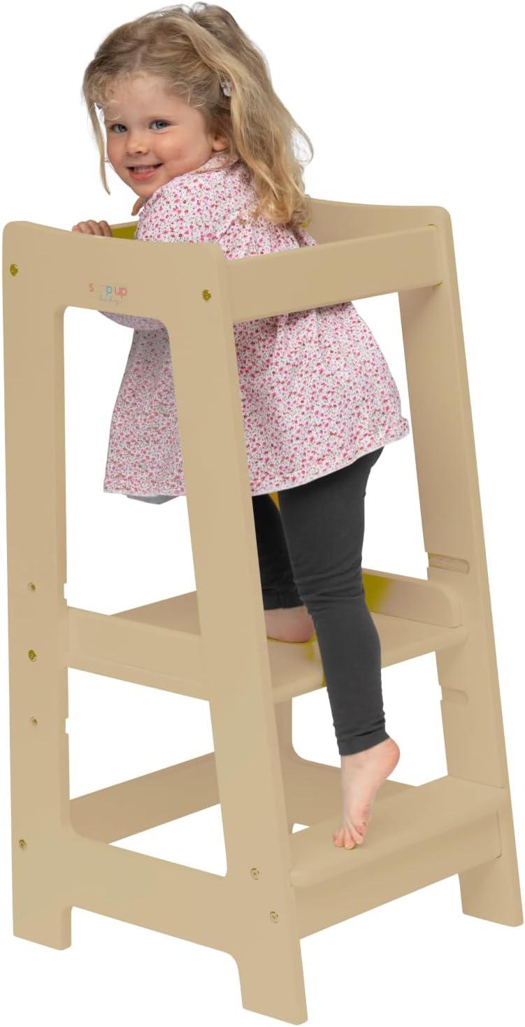 Stepup Baby Montessori Toddler Tower Wooden Step Stool, with Safety Rail, Adjustable for 18 Month - 5 Years - Varnished