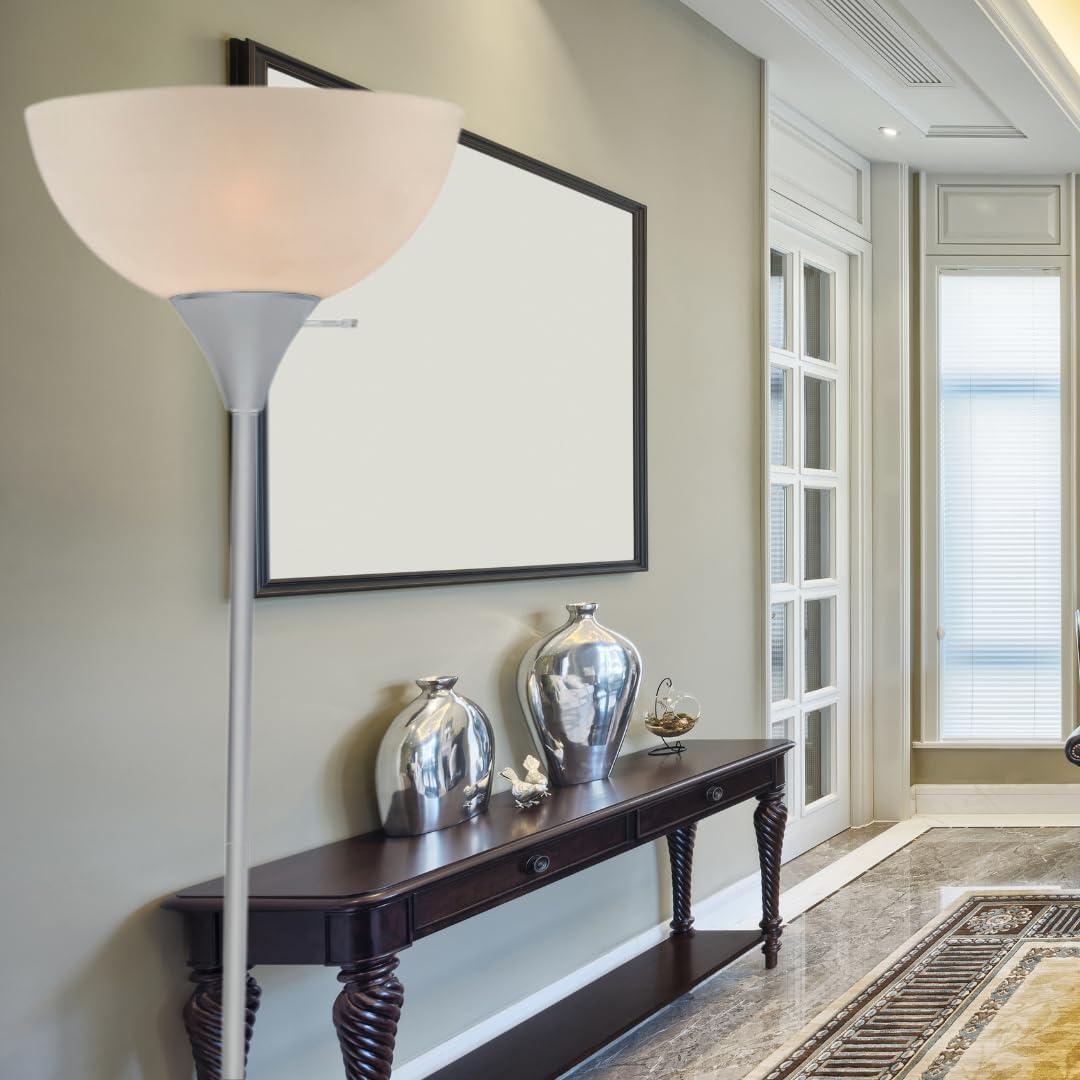 LIGHTACCENTS Stand Up Floor Lamp in Silver- Modern Corner Light with White Opal Bowl Shade - Susan Design, Ideal for Living Room or Office, 72" Tall, 150-watt - Chic Living Room Floor Lamp Silver