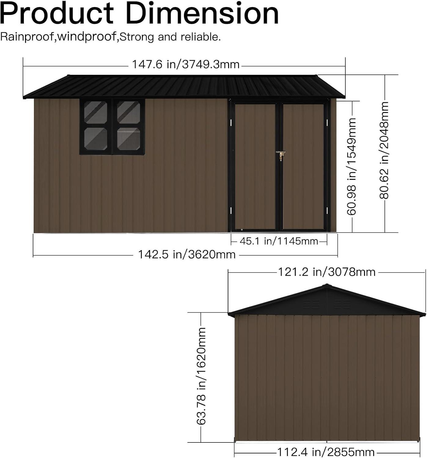 10x12 FT Outdoor Storage Shed, Metal Aluminum Waterproof Tool Shed with Window and Foldable Door, Heavy-Duty Sheds for Storing Bicycles, Lawnmowers, Barbeques