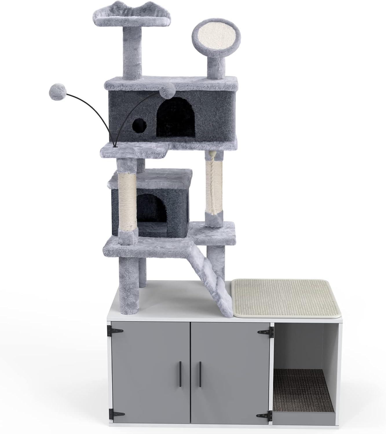 GDLF Cat Litter Box Enclosure Hidden Washroom Tower All-In-One Tree Condo, Grey