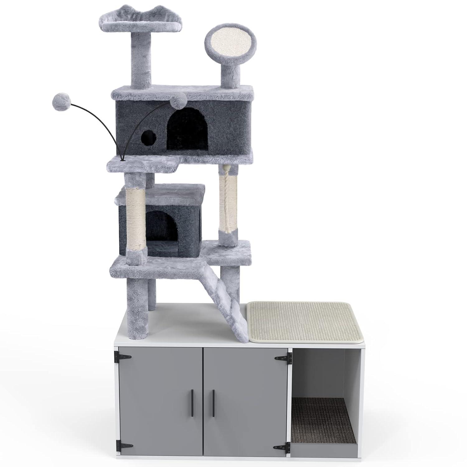 GDLF Cat Litter Box Enclosure Hidden Washroom Tower All-In-One Tree Condo, Grey