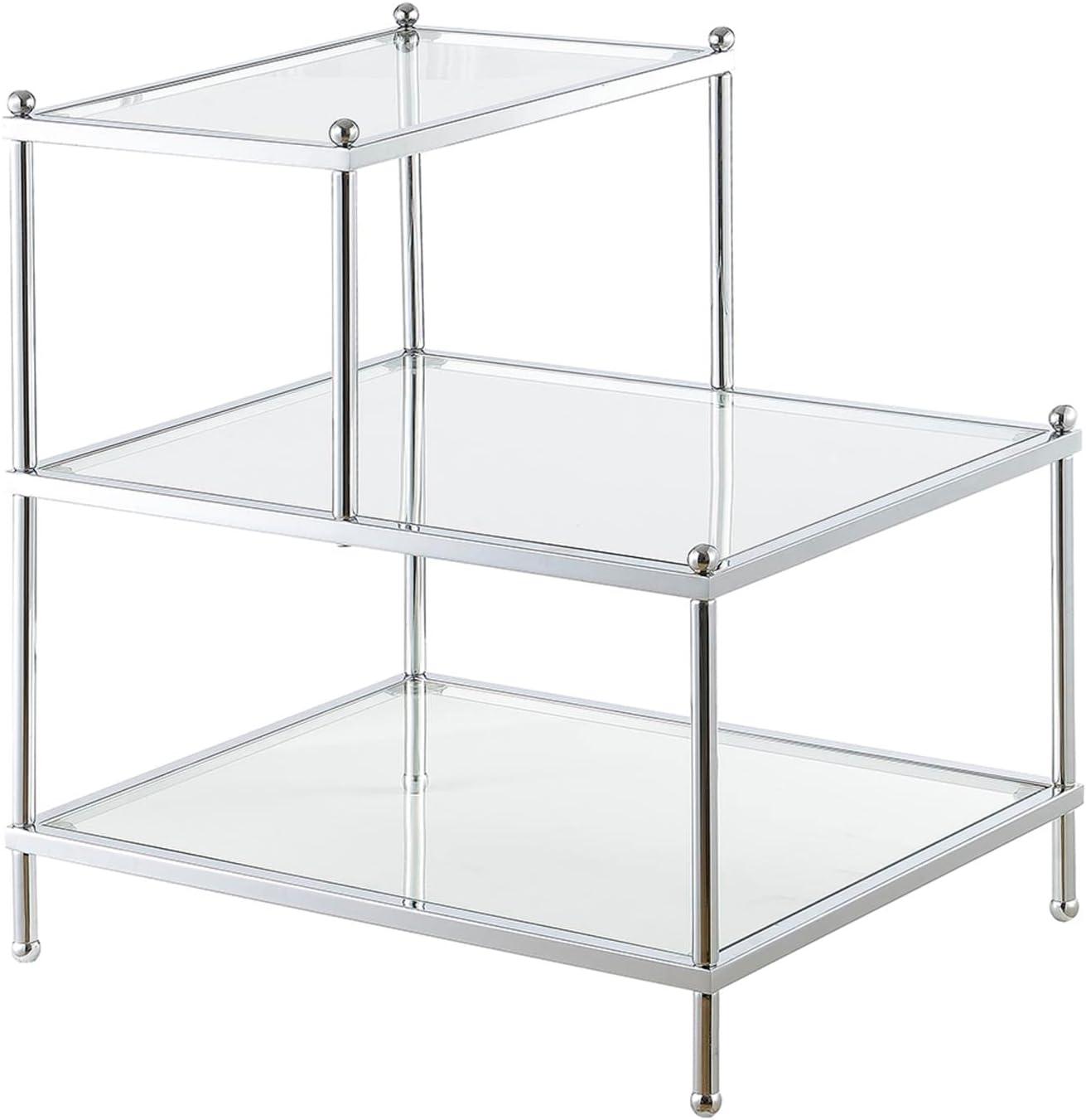 Elegant Chrome & Glass 3-Tier L-Shaped End Table